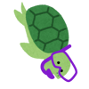 Watercolour illustration of a green turtle with face pointing down, diving with a snorkel on
