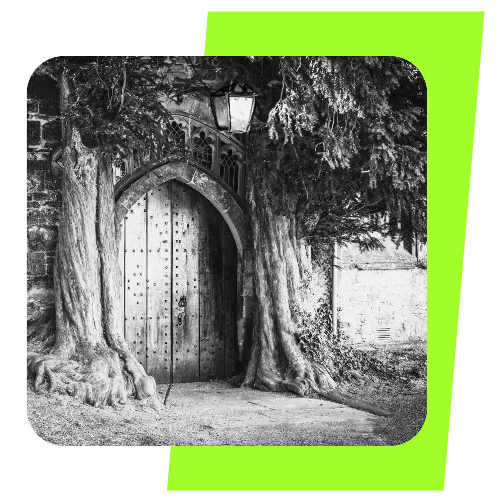 Image of a famous arched wooden church door from Stow in the Wold that has twisted old trees either side