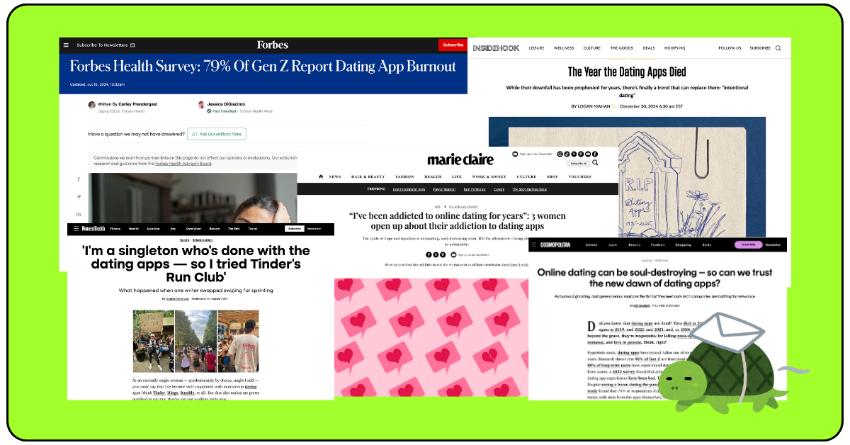 Screenshots of major media outlets reporting on the decline of dating apps