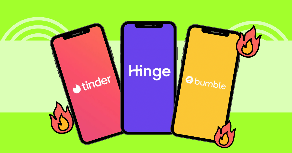 Three phones showing app logos for dating app companies Tinder, Hinge and Bumble