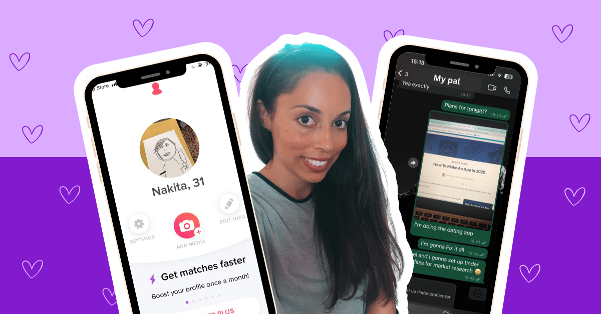 Two phones, one showing a fake dating app profile, another showing a whatsapp conversation about starting a dating app, along with a picture of a woman with dark hair and freckles