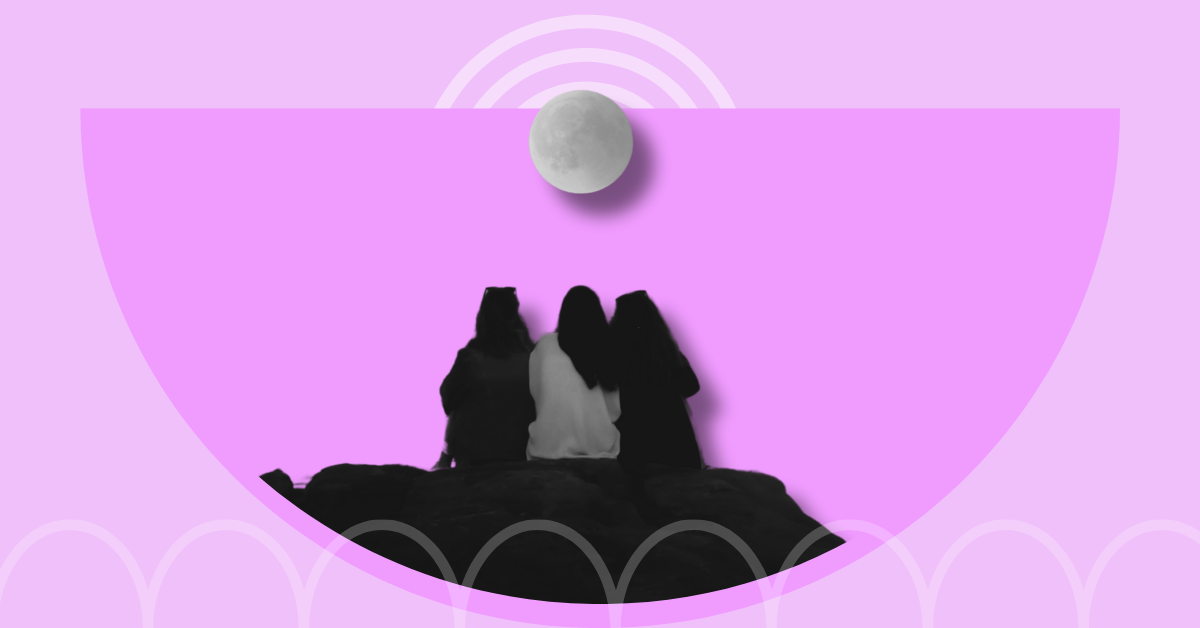 Image of three friends sitting down and facing away from the camera, looking up at a moon. Monochromatic with a pink backgrond