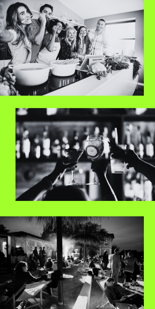 Collage of three separate images stacked vertically, first image depicts five people playing with wooden spoons in a cooking class, second image is three peoole holding up cocktails, the last image is an eventing event outside a country manor, people sitting on deck chairs